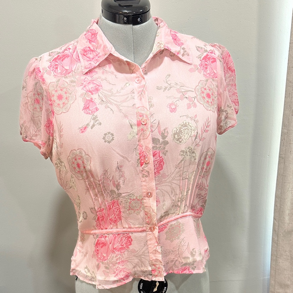 Y2K Worthington coquette Pink Floral Short Sleeve  10 silk sheer top fairy